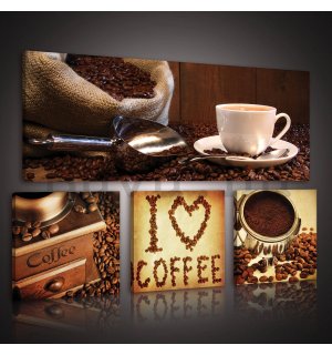 Vászonkép: Kávé  - készlet 1 db 80x30 cm és 3 db 25,8x24,8 cm